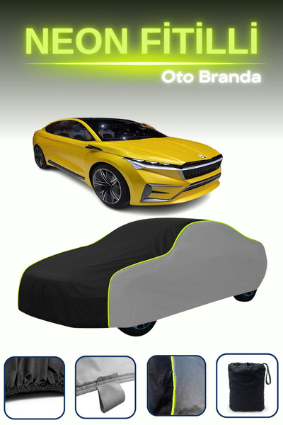 Cemku Shade رمادي-أسود-رمادي [سكودا فيجن 4] قماش مشمع متوافق مع قماش مشمع للسيارة مع فتيل نيون، مقاوم للماء والغبار