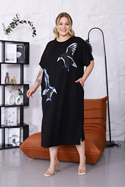 Siyezen Large Size Bird Printed Oversize Dress