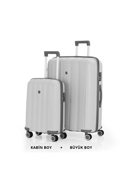 MÇS Bavul Büyük ve Kabin 2li Set Kırılmaz Silikon Valiz V305 Kemik/Gri