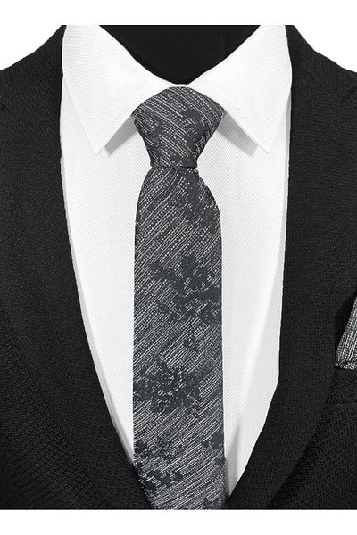 BLC Basic Line Co. Black and Gray Frayed Striped Microfiber Classic Tie and Pocket Square Set – 7 cm