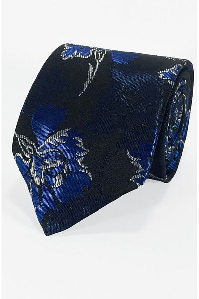 BLC Basic Line Co. Microfiber Tie and Handkerchief Set with Blue Floral Pattern on Black Background - 7 cm Modern Cut