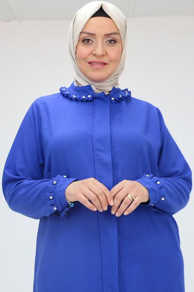 Eslina 58024 Large Size Collar and Sleeve Cuff Stoned Linen Tunic - Saks