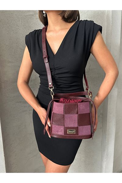 DERKON Genuine Leather Tezza Model Crossbody and Shoulder Bag Claret Red Color