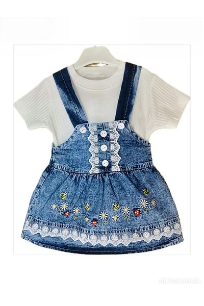 XORVİO Girl Child Baby Embroidery Detail Salopet 2 Piece Set Navy Blue Denim Skirt Short Sleeve T-Shirt Summer Cotton Dress