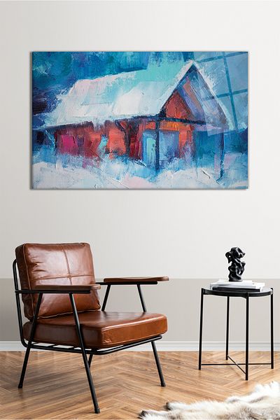 Vosevu Vopsea în ulei Aspect Casă de iarnă Tablou orizontal din sticlă, Decor modern pentru birou, Decorare de perete cadou