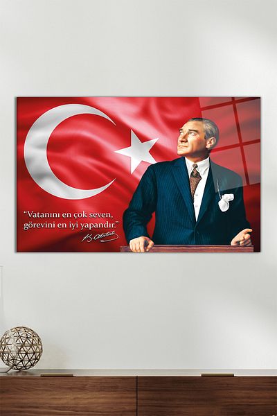 Vosevu Flag Ataturk and His Word Horizontal Glass Painting, Modern Home Office Decor, Gift Wall Decoration, Unbreakable