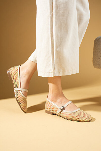 Pembe Potin Women's Ballerinas Beige Mesh Lightweight Comfortable Sole Stylish Casual Shoes