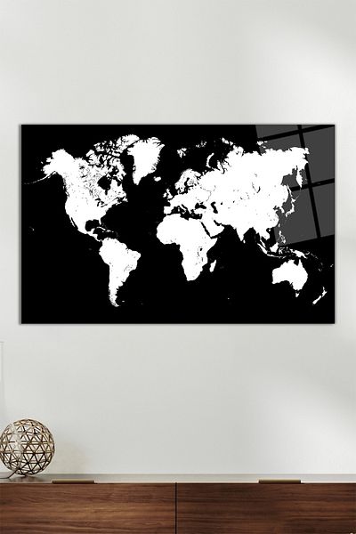 Vosevu Black and White World Map Horizontal Glass Painting, Modern Home Office Decor, Gift Wall Decoration