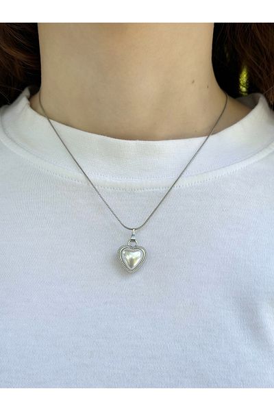 Eylülün Takısı Women's Silver Color Pearl Heart Necklace
