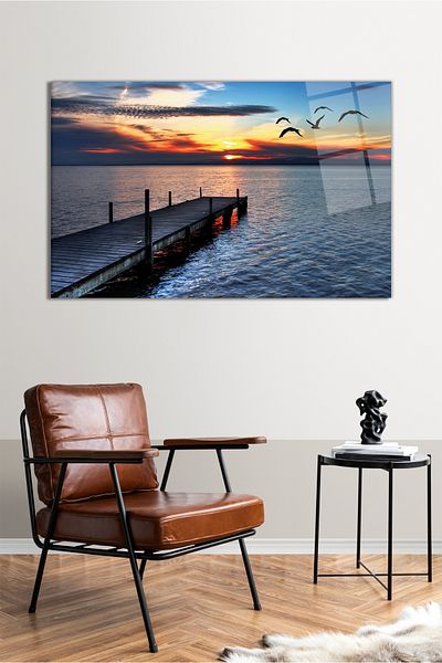 Vosevu Pictură pe sticlă orizontală cu păsări, peisaj și peisaj, decor modern pentru birou, cadou, decorare de perete, rezistentă la spargere