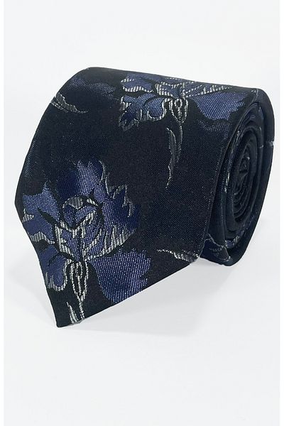 BLC Basic Line Co. Navy Floral Pattern on Black Background Microfiber Tie and Handkerchief Set - 7 cm Modern Cut