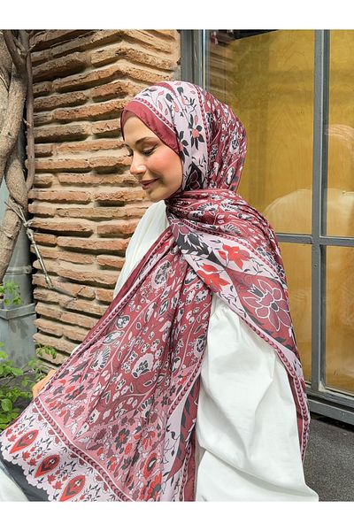 Mira İpek Retro Pattern Cotton Shawl Burgundy Pink