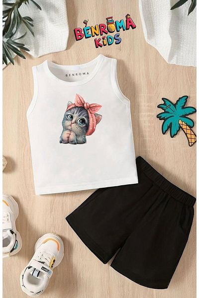 BENROMA MİNNOŞ TEE شورت مطبوع عليه قطة للجنسين طقم أطفال