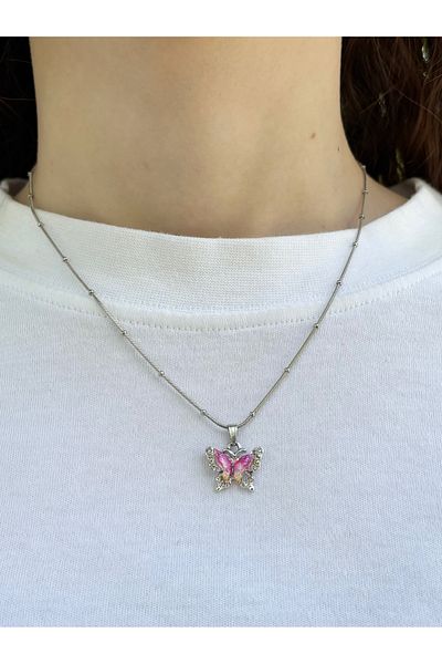 Eylülün Takısı Women's Silver Color Stone Pink Butterfly Necklace