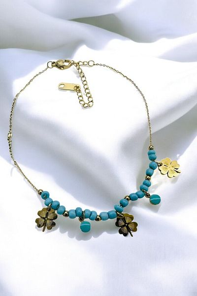PETEK AKSESUAR Steel Uncertain Turquoise Beaded Clover Chain Anklet