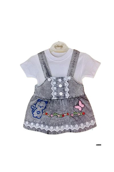 XORVİO Girl Child Baby Embroidery Detail Salopet 2 Piece Set Gray Denim Skirt Short Sleeve T-Shirt Summer Cotton Dress