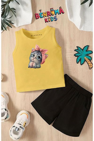 BENROMA MİNNOŞ TEE شورت مطبوع عليه قطة للجنسين طقم أطفال