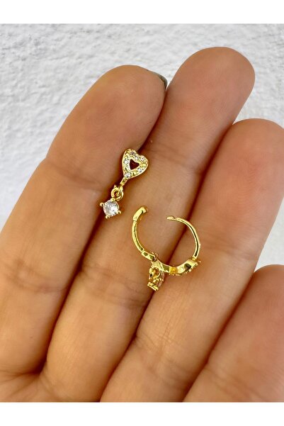 Arescollection zirkon taşlı kalpli 1 adet helix lobe uyumlu piercing küpe (8 mm halka çapı )