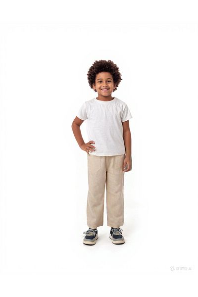 wakawakakidsstore Boy's Linen Trousers with Pockets and Elastic Waist - Ecru