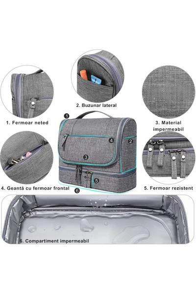 varioshop VarioShop® hanging toiletry bag, waterproof material, ergonomic handle, hook, 11 compartments