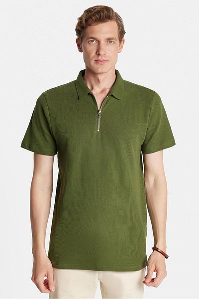 Tudors Men's Slim Fit Slim Fit 100% Cotton Zippered Green Polo Neck T-Shirt