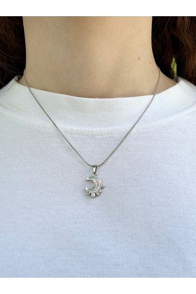 Eylülün Takısı Women's Silver Color Pink Stone Moon Necklace