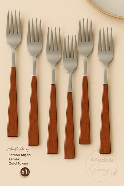 Anadolu Saray 6 Pieces Wooden Bamboo Look Plastic Detailed Dinner Cutlery Set |   6 Piece Luxury Dinner Fork Set