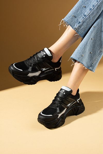 Pembe Potin Black Matte Women's Sports Sneaker Lace-Up Daily Comfortable Sole Shoes