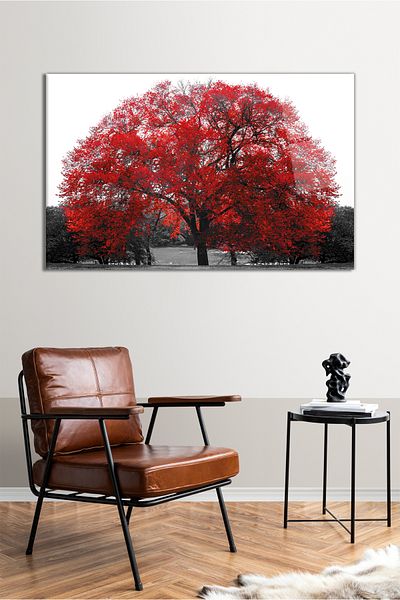 Vosevu Red Leaf Tree Horizontal Glass Painting, Modern Home Office Decor, Gift Wall Decoration, Unbreakable