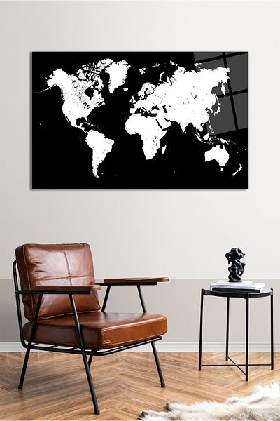 Vosevu Black and White World Map Horizontal Glass Painting, Modern Home Office Decor, Gift Wall Decoration