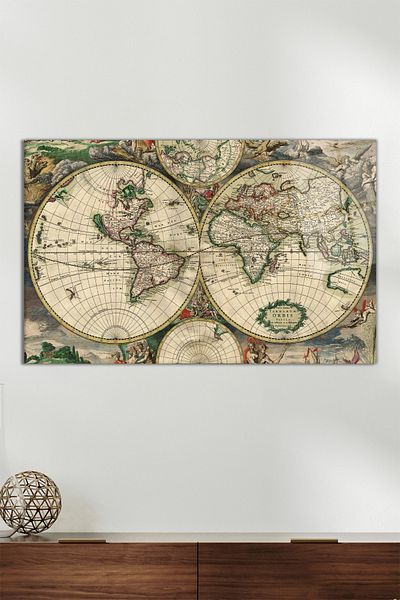 Vosevu Old Vintage World Map Horizontal Glass Painting, Modern Home Decor Gift Wall Decoration Shatterproof