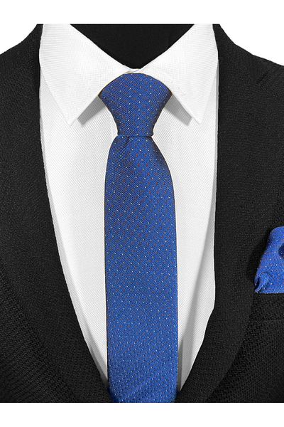 BLC Basic Line Co. Saks Blue Background with White & Red Dot Pattern Microfiber Tie and Handkerchief - 7 cm Modern Cut