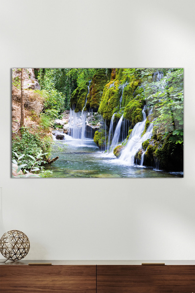 Vosevu Yeşillik İçinde Şelale Yatay Cam Tablo, Modern Ev Ofis Dekoru, Hediyel...