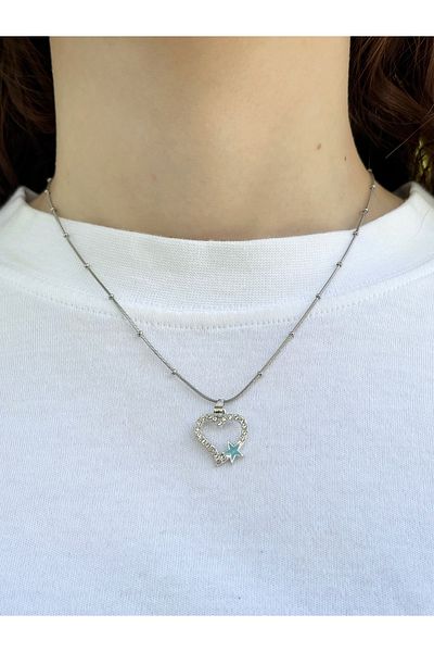 Eylülün Takısı Women's Silver Color Stoned Heart Necklace