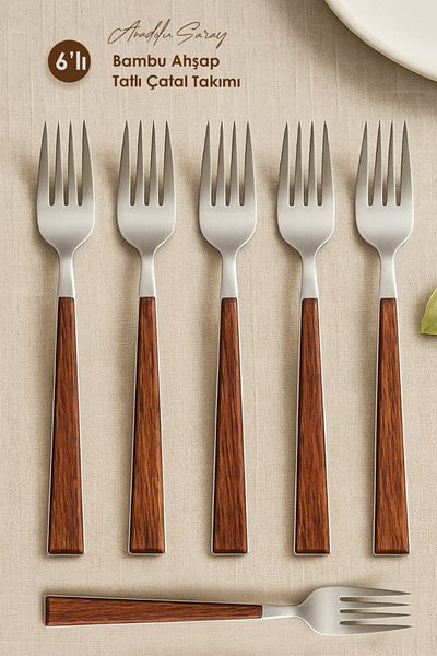 Anadolu Saray 6 Pieces Wooden Bamboo Look Plastic Detailed Dessert Fork Set |   6 Piece Luxury Dessert Fork Set