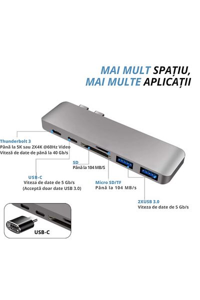 varioshop Hub Adaptor Multiport 6 in 1 VarioShop®, pentru Macbook/Laptop, USB 3.0, Micro SD/SD Card Reader, T