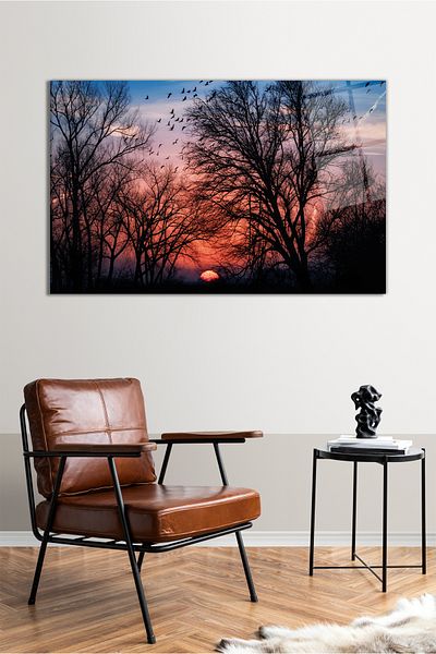Vosevu Tree Branches on Red Sunset Horizontal Glass Painting, Modern Home Office Decor, Gift Wall Decoration