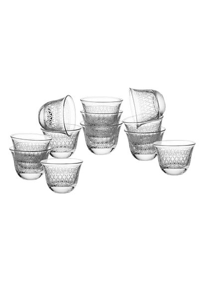 Byblos Saudi coffee cup set made of Turkish glass with laser engraving, 12 pieces, capacity 80 ml