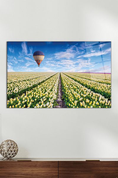 Vosevu Balon zburător în grădina de lalele, pictură orizontală pe sticlă, decor modern pentru birou, decorare de perete cadou