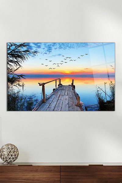 Vosevu Scaune și apus de soare pictură orizontală pe sticlă, decor modern pentru birou, cadou, decorare perete, sticlă irezistibilă