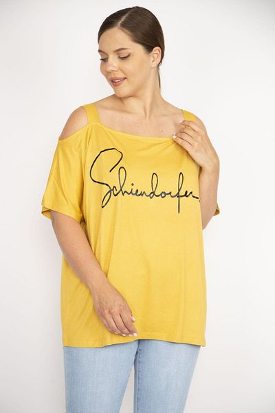 Şans Women's Large Size Mustard Strappy Shoulder Low-cut Lacquer Printed Blouse 65N28776