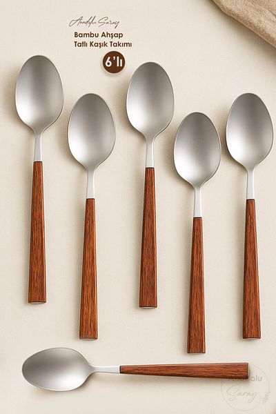 Anadolu Saray 6 Pieces Wooden Bamboo Look Plastic Detailed Dessert Spoon Set |   6 Piece Luxury Dessert Spoon Set