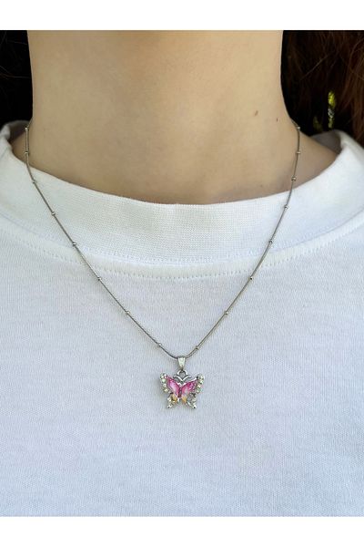 Eylülün Takısı Women's Silver Color Stone Pink Butterfly Necklace