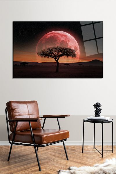 Vosevu Red Sky Tree and Full Moon Horizontal Glass Painting, Modern Home Office Decor, Gift Wall Decoration