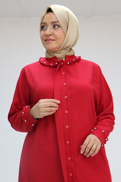 Eslina 58024 Large Size Collar and Sleeve Cuff Stoned Linen Tunic - Claret Red