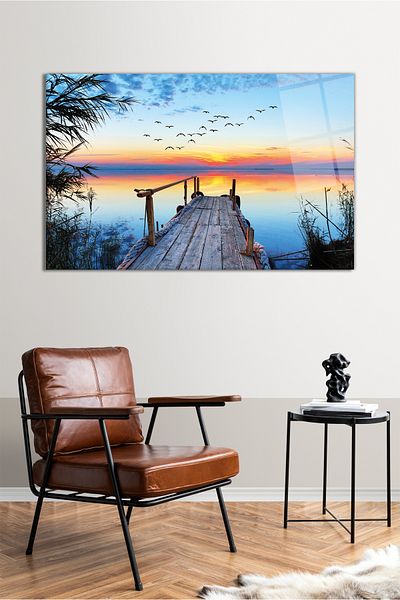 Vosevu Scaune și apus de soare pictură orizontală pe sticlă, decor modern pentru birou, cadou, decorare perete, sticlă irezistibilă