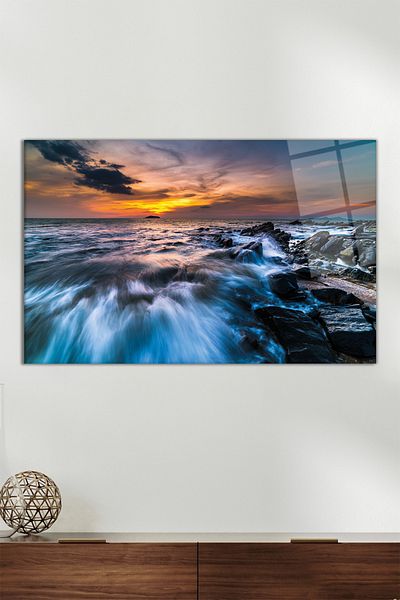 Vosevu Pictură pe sticlă orizontală peisaj marin infinit, decor modern pentru birou, decorare de perete cadou, rezistentă la spargere