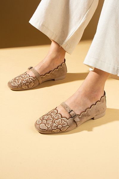 Pembe Potin Women's Ballerinas Brown Suede Floral Embroidered Lightweight Comfortable Sole Stylish Casual Shoes