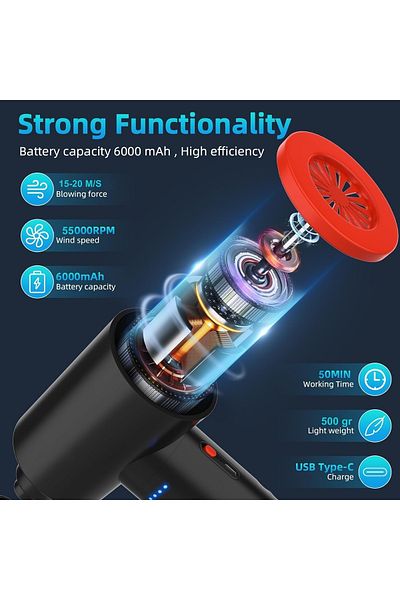 OEM Suflantă de aer, portabilă, pentru îndepărtarea prafului de pe PC, lanternă, 3 viteze, 55000 RPM, baterie de 6000 mAh