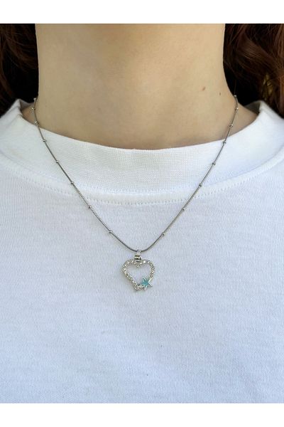 Eylülün Takısı Women's Silver Color Stoned Heart Necklace